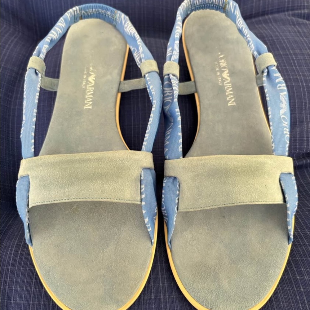 Emporio Armani Blue Suede & Patterned Fabric Slingback Sandals